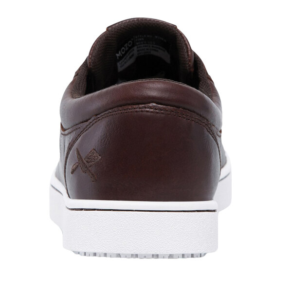 A close up of a brown MOZO Finn casual shoe with white sole.