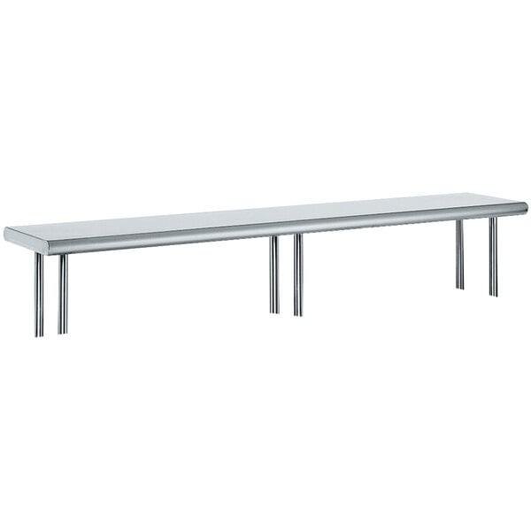 A stainless steel shelving unit with legs on a long rectangular table.