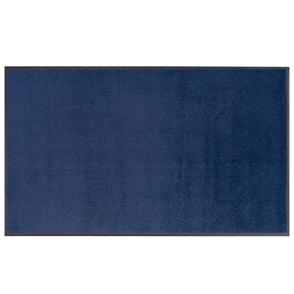 A blue rectangular rug with a black border.