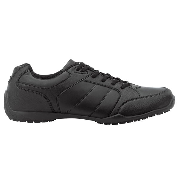 A black shoe with a white laces.