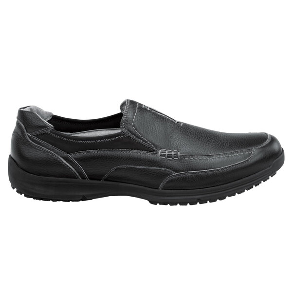 A pair of men's black SR Max slip-on shoes with a rubber sole.