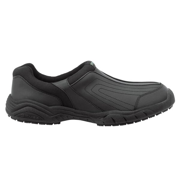 A pair of black SR Max men's slip on shoes with a rubber sole.