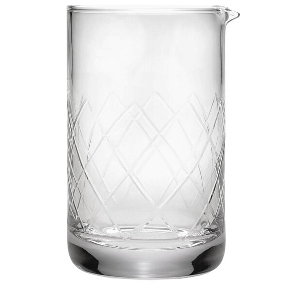 A clear Barfly mixing glass with a diamond pattern.