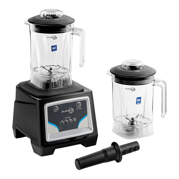A commercial blender set with a keypad control base, two clear 48 oz. containers with handles and lids, and a black tamper tool.