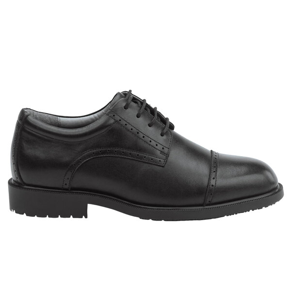 A black leather SR Max men's dress shoe with laces and a sole.
