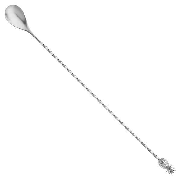 A Barfly stainless steel bar spoon with a long handle and a pineapple end.