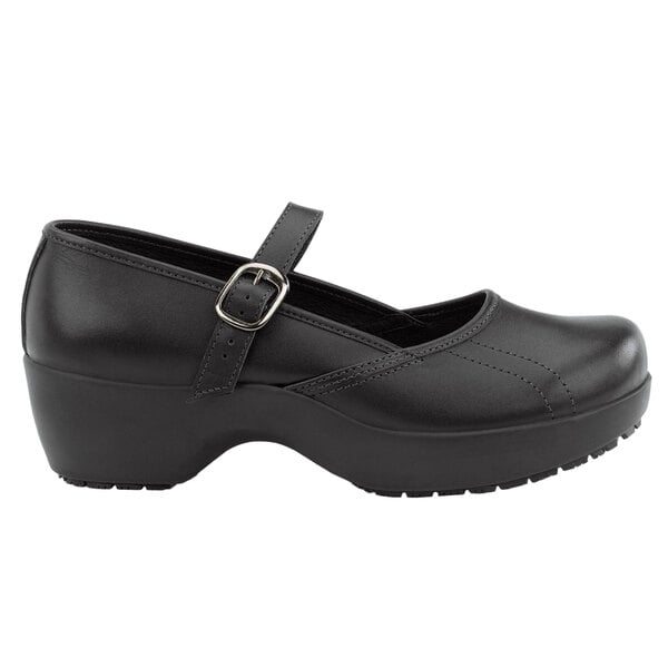A black leather women's mary-jane shoe with a strap and buckle.
