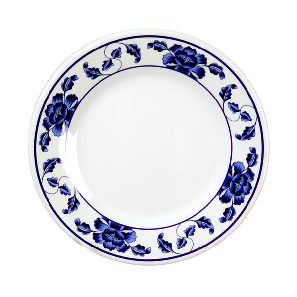 A white Thunder Group melamine plate with blue and white floral design.