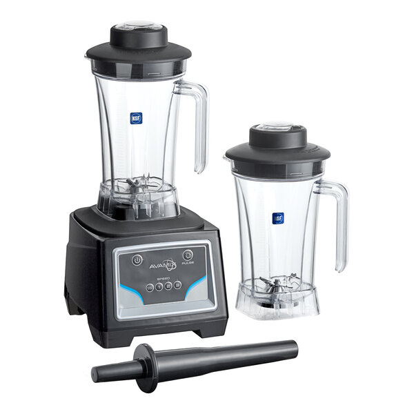 A commercial blender set with a keypad control base, two 64 oz. Tritan containers with lids, and a tamper tool.