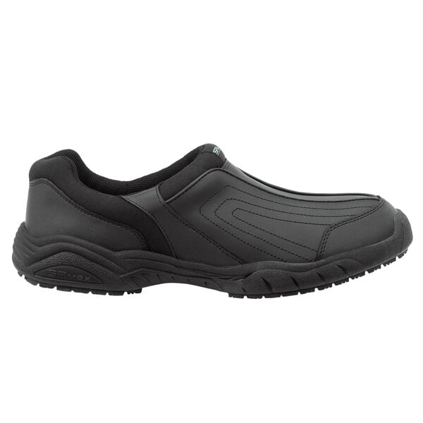 A black SR Max soft toe non-slip shoe for women with a rubber sole.