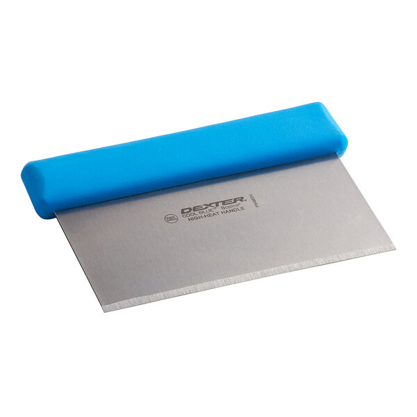 A Dexter Russell high heat dough cutter with a blue handle.