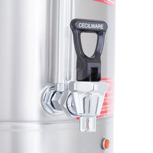 A Grindmaster stainless steel hot water boiler with a black plastic handle and faucet.