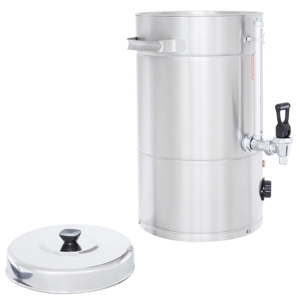 A silver stainless steel Grindmaster hot water boiler with a lid.
