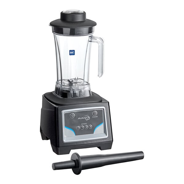A commercial blender with a keypad control base, a clear 64 oz. Tritan container, and a black tamper tool.