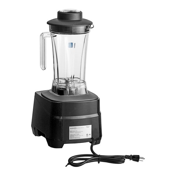 A commercial blender with a black base, clear container, and attached power cord.