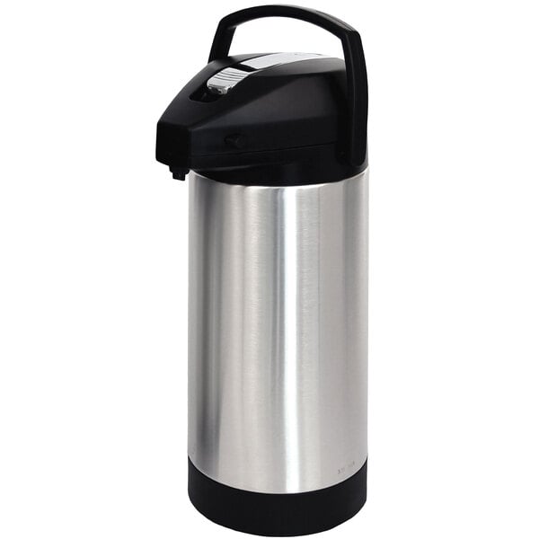 A Fetco stainless steel airpot with a black lever and handle.