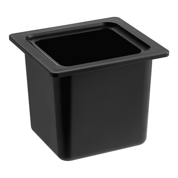 A black San Jamar 1/6 size food pan with a square lid on a counter.
