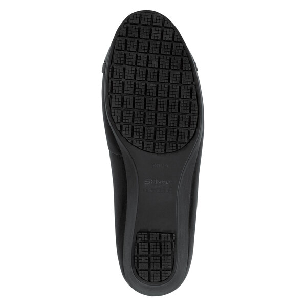 A close-up of a black SR Max Isabella women's dress shoe with a black sole.