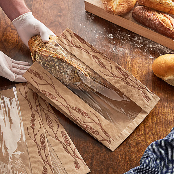 8 1/2" x 3" x 14" Kraft Paper Window Bread Bag with Wheat Design Print