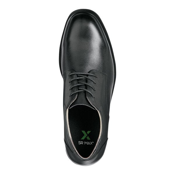 A black men's oxford dress shoe in size 9 extra wide with a soft toe and non-slip sole.