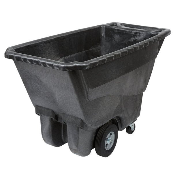 A black Rubbermaid tilt truck with wheels.
