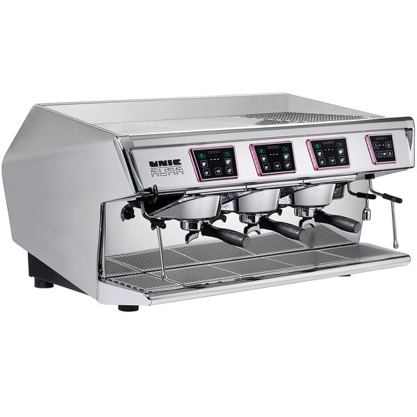 A silver Unic Aura automatic espresso machine with black buttons.