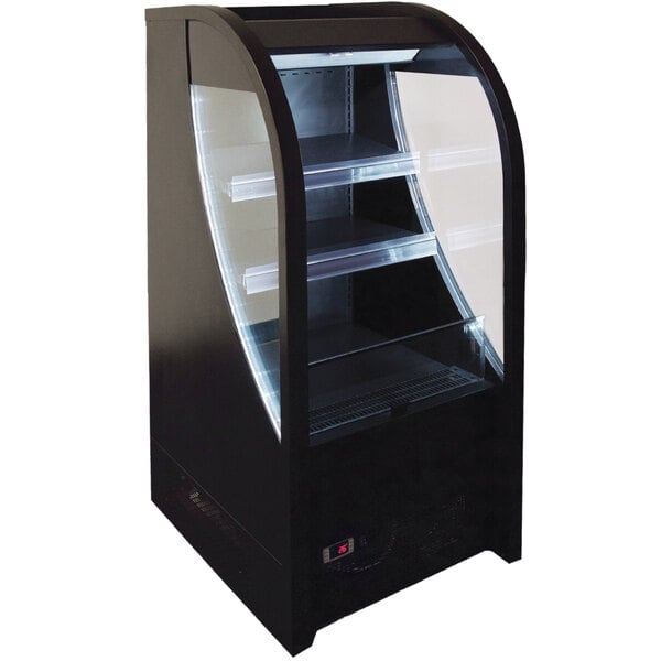 A black refrigerated air curtain merchandiser with clear shelves.