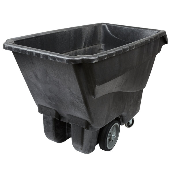 A black plastic container with wheels.
