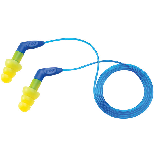 a blue earbuds with a yellow ear plug