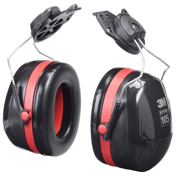 3M PELTOR Optime 105 Cap-Mount Ear Muffs in black and red.