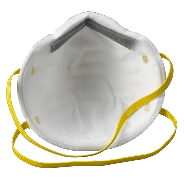 A close-up of a 3M 8210 N95 white face mask with yellow straps.