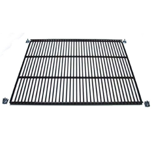 A close-up of a black metal grid shelf.