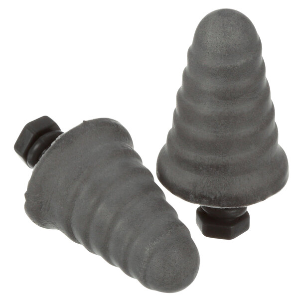 A close-up of a pair of black 3M Skull Screws earplugs.