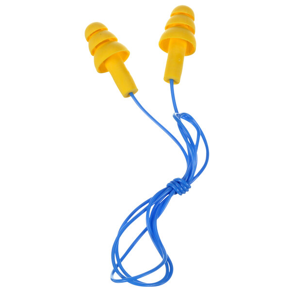 A pair of yellow 3M UltraFit earplugs with blue cords.