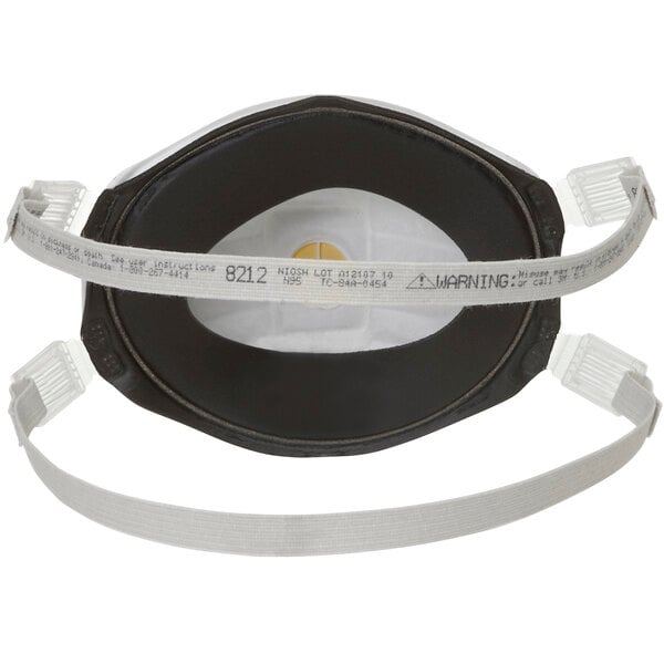 A close-up of a 3M N95 Particulate Respirator with a white strap.