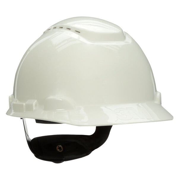 A white 3M hard hat with a black strap.