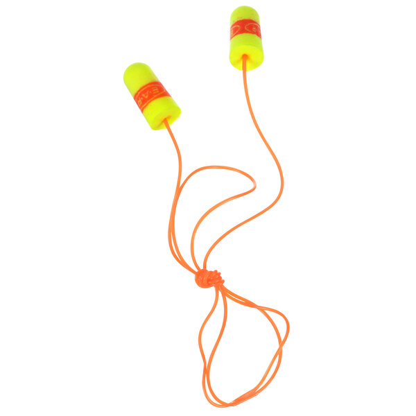 3M E-A-Rsoft SuperFit yellow earplugs with orange cords.