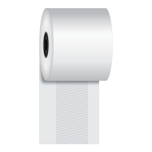 A white rectangular roll of Iconex Sticky Media full-tack receipt paper with a black stripe.