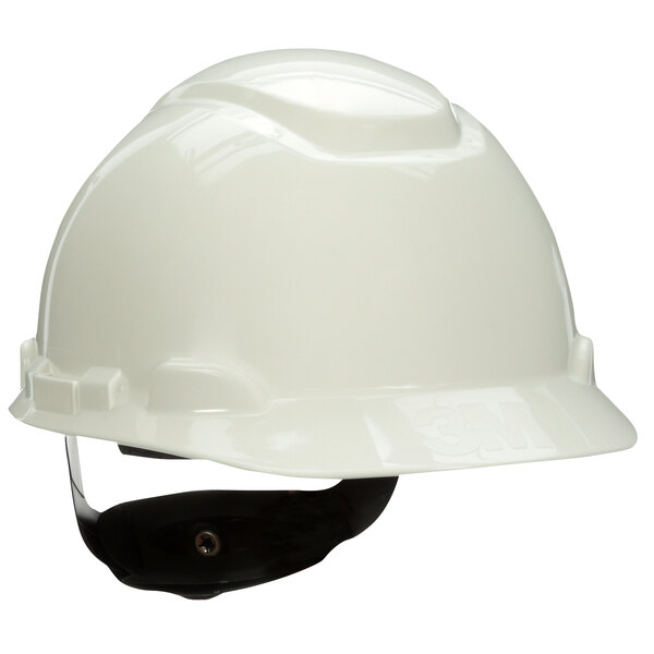 A white 3M hard hat with black suspension straps.