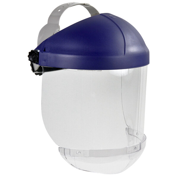 A clear face shield with a blue plastic visor.