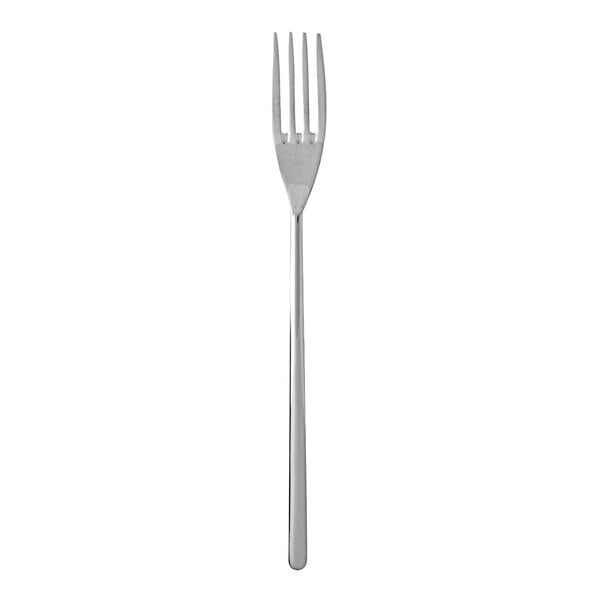 A close-up of a Fortessa Dragonfly stainless steel table fork with a silver handle.