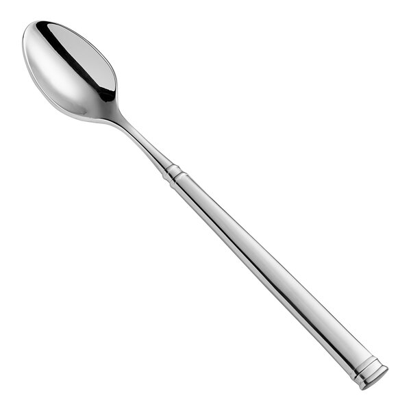 A close-up of a Fortessa stainless steel silver spoon with a long handle.