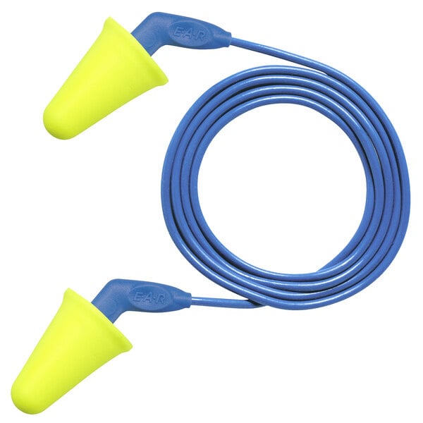 3M E-A-R Push-Ins SofTouch yellow and blue corded foam earplugs.