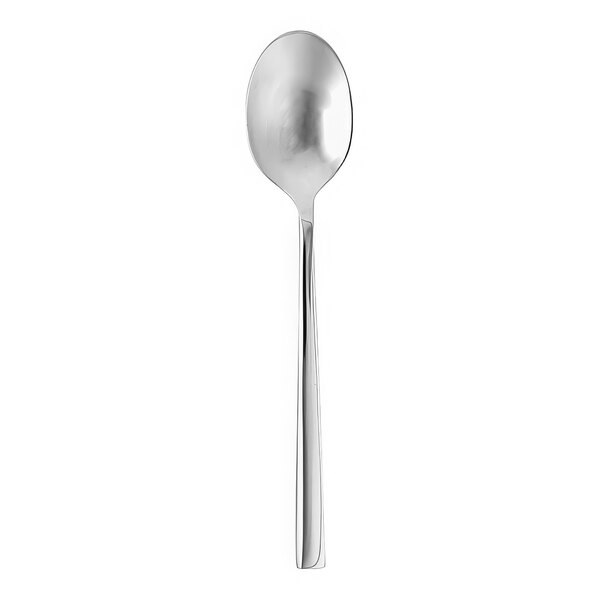 A close-up of a Fortessa Arezzo stainless steel demitasse spoon.