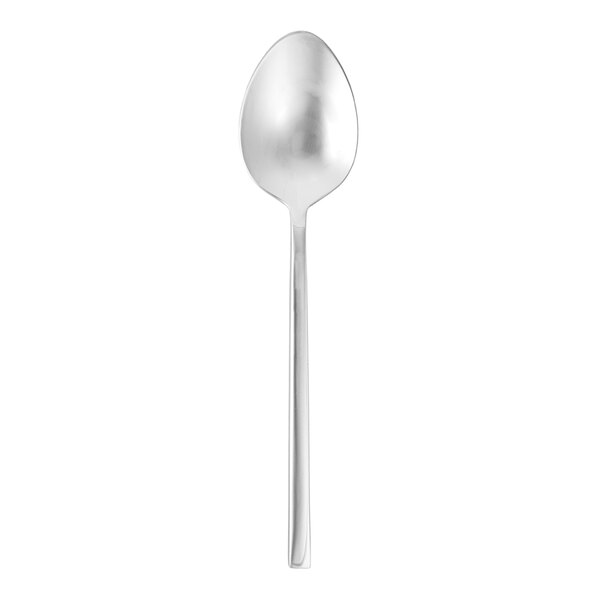 A close-up of a Fortessa Arezzo stainless steel oval soup/dessert spoon with a long handle.