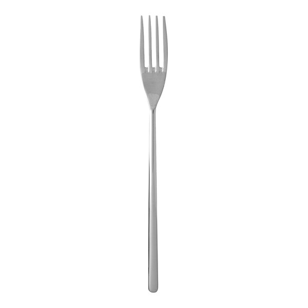 A silver Fortessa Dragonfly table fork with a black top on a white background.