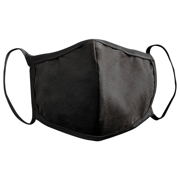 A black face mask with black straps.
