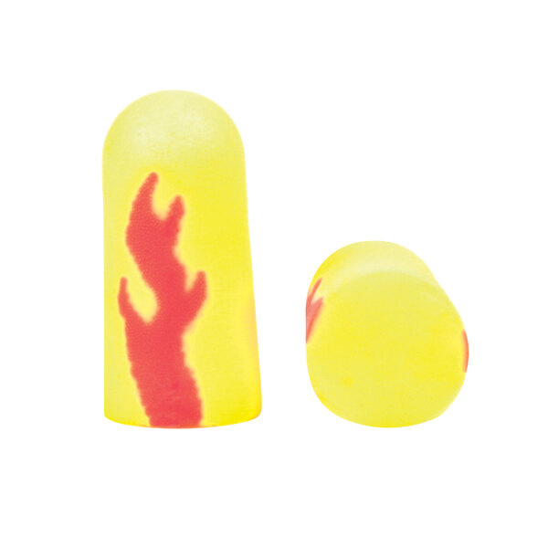 Two yellow and red 3M E-A-Rsoft earplugs.