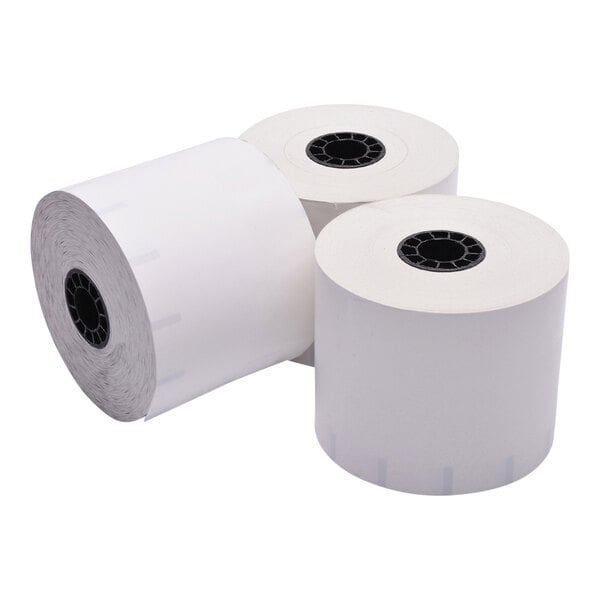 A group of Iconex white linerless receipt paper rolls.