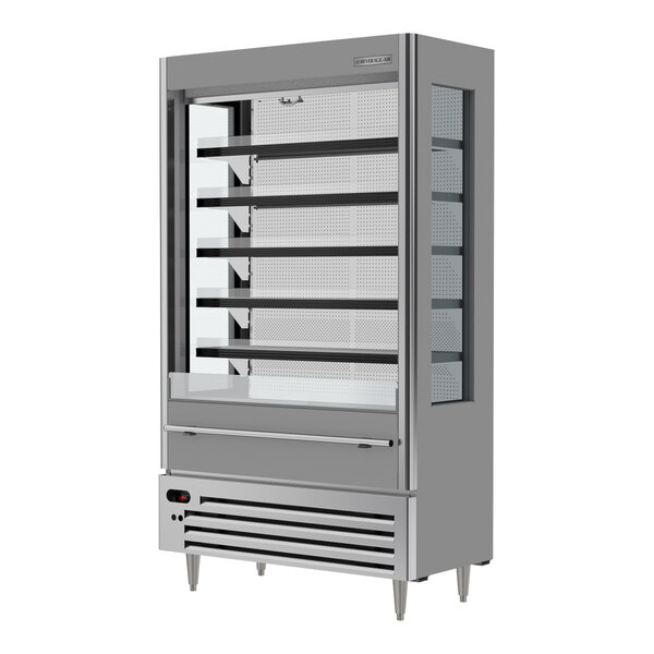 A Beverage-Air gray VueMax air curtain merchandiser with glass doors on a display case.